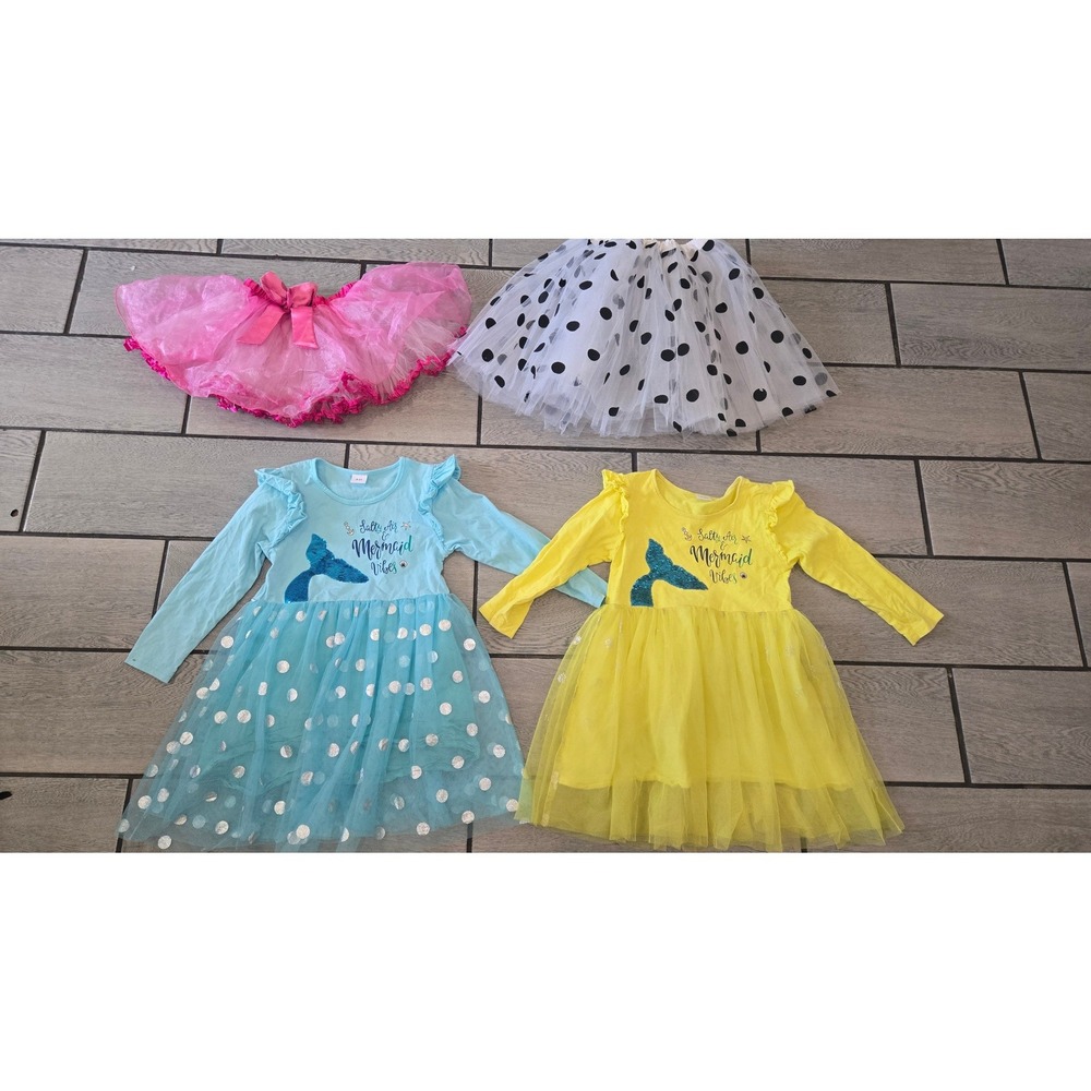 Girls Mermaid Tutu Dress and Skirt Bundle Set 4pc Blue Yellow Pink White 5T 5-6Y - Picture 1 of 6